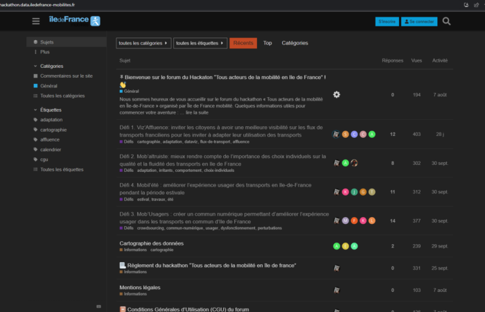 Page d’accueil du forum du hackathon https://forum.hackathon.data.iledefrance-mobilites.fr/