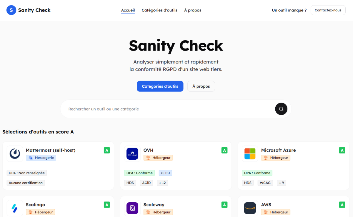 Aperçu de la page d'accueil du Sanity Check